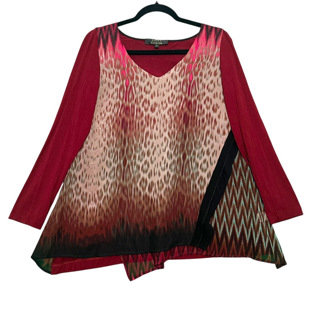 Poeme Citron Womens‎ Tunic Top M Mixed Media Abstract Print Red Boho Art to Wear